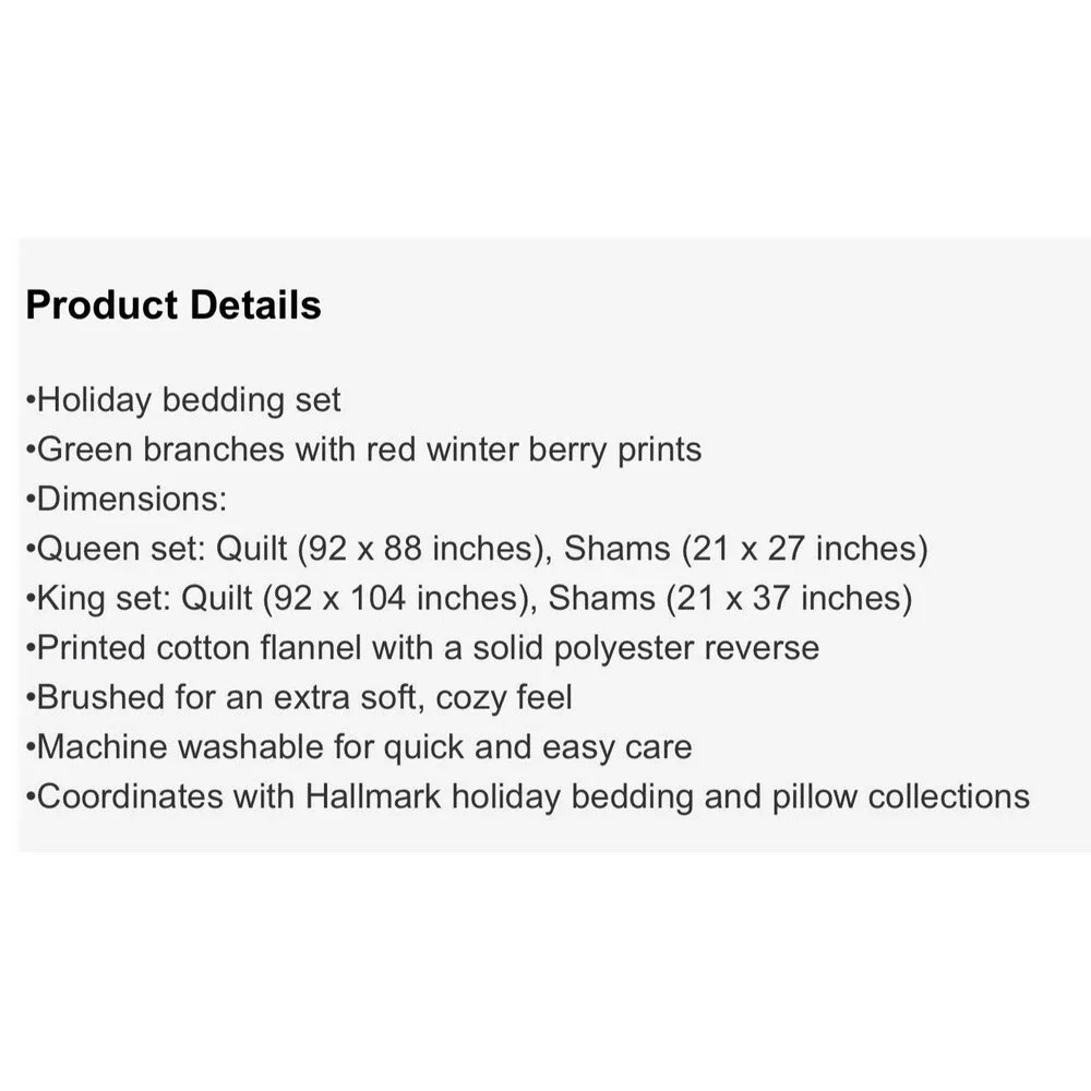 RARE Hallmark Queen Flannel Greenery Print Christmas Quilt Set Holiday NEW